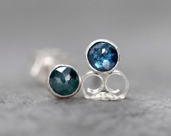 Blue Diamond Stud Earrings, April Birthstone, SINGLE  Stud or PAIR, Real Diamond Earrings,  Minimalist 3mm Diamond Studs, Silver or Gold