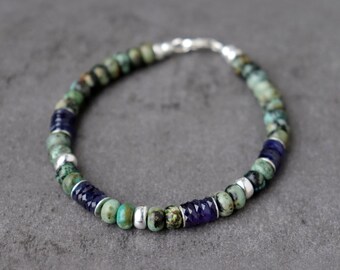 Sapphire and African Turquoise Bracelet: Sterling Silver Boho Gemstone, Unisex