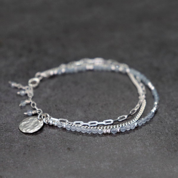 Aquamarine Bracelet, March Birthstone, Silver Multi Chain Bracelet, Minimal Layered Multi Strand Pastel Blue Bracelet, Boho Style Bracelet