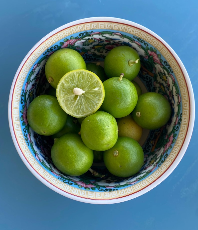 May include: A decorative bowl filled with fresh green limes, one cut in half. The bowl has a white rim with a blue, red, and gold patterned design. The limes are a vibrant green color.