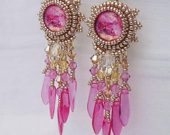 Bead Embroidery Earrings DIY Kit, Pink Champagne Beaded Fringe Jewelry for Women