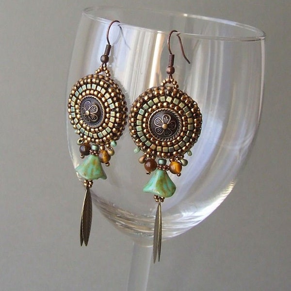 Bead Embroidery Mandala Earrings, Picasso Green Blue Beaded Boho Earrings, Best Sister Wedding Gift, Womans Earrings Jewelry Gift, Clothing