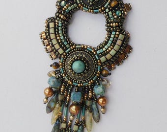 A Day in the Mountains Necklace Tutorial, Long Bead Embroidery Necklace with Bold Fringe in Bronze, Blue, Metallic Brown Colors