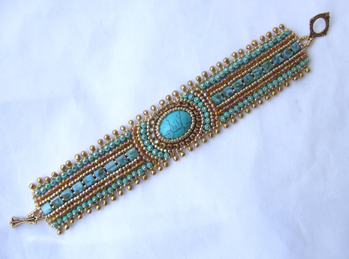 Tutorial Bead Embroidery Bracelet Gold Turquoise Cuff Etsy