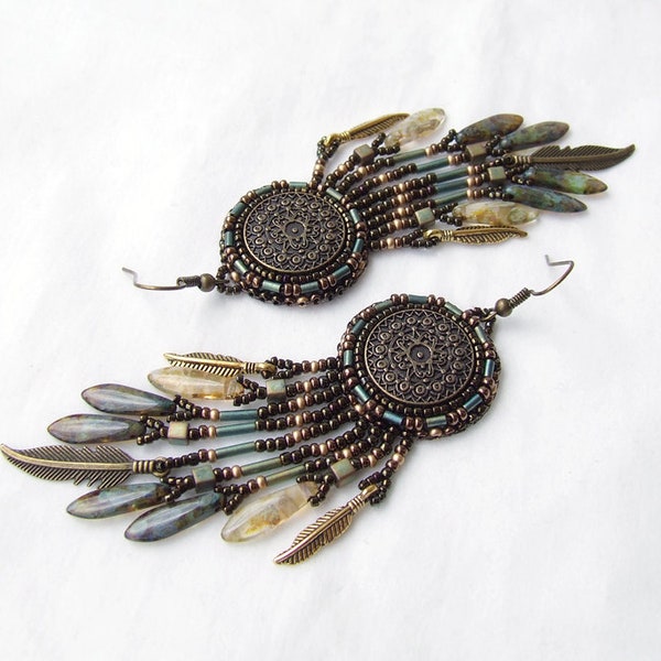 Long Feather Earrings, Bead Embroidery Tassel Earrings for Women, Beaded Southwestern Jewelry, Best Birthday Gift for Her