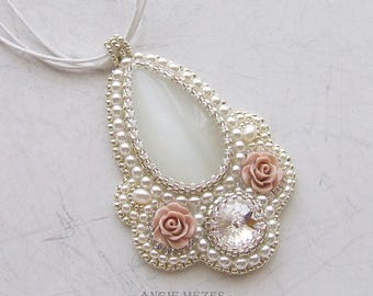 Pearls and Roses Necklace Tutorial, White Silver Pink Bead Embroidery Necklace Pattern