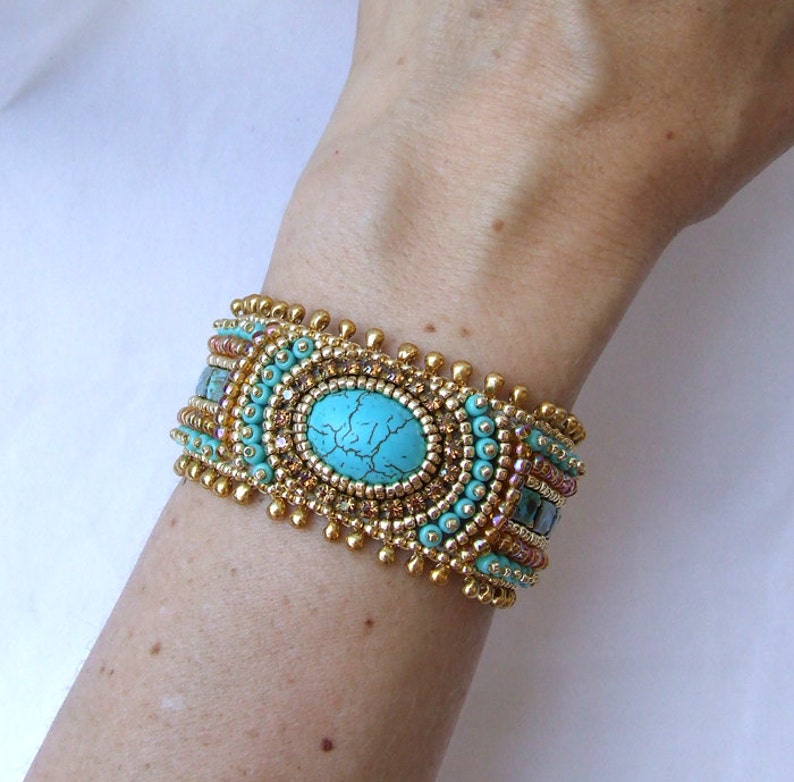 Tutorial bead embroidery bracelet gold turquoise cuff  etsy