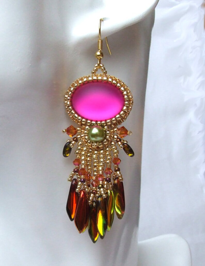 Bead Embroidery Earrings Pattern Pink Beaded Dangle Earrings Etsy