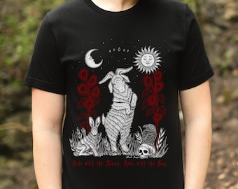 Pagan Shirt - Rise with the Moon, Rise with the Sun T Shirt - Occult Witchy Witchcraft Goat Black Phillip Skull Raven Crow Rabbit Sun Moon