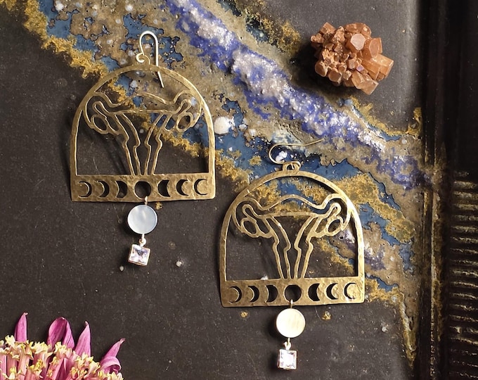 Uterus Moon Phase with Dangle Hammered Brass Earring