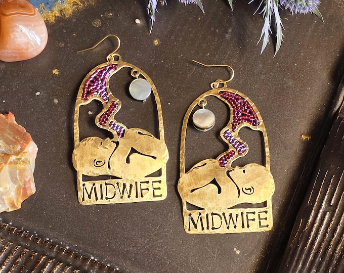 Midwife Beaded Placenta Umbilical Cord Earring with Moon - Hammered Brass