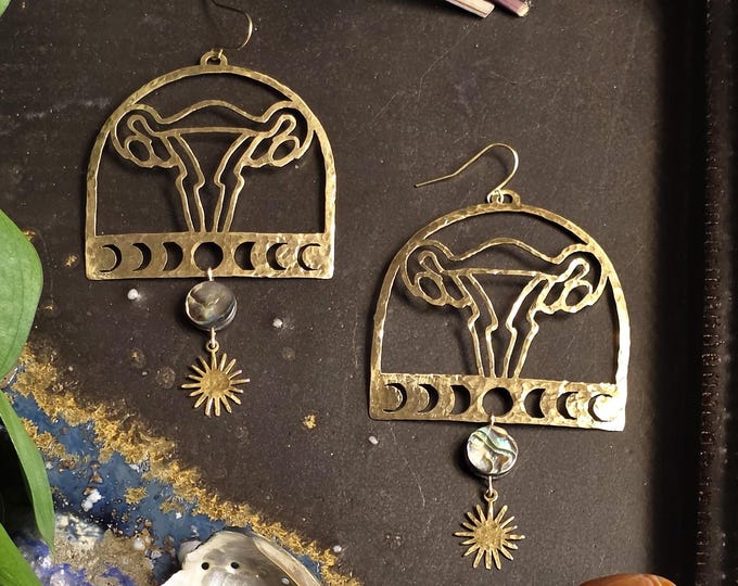 Uterus Moon Phase with Abalone Shell and Sun Hammered Brass Earring