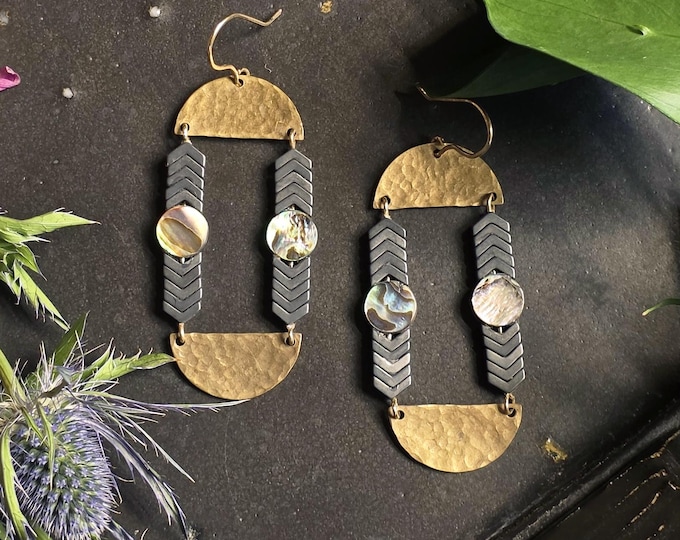 Hammered Brass Abalone Shell Chevron Dangle Earring