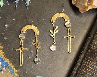 Ace of Swords Tarot Earring with Abalone Shell