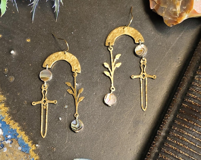 Ace of Swords Tarot Earring with Abalone Shell