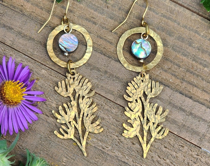 Hammered Brass Flower Moon Abalone Dangle Earring