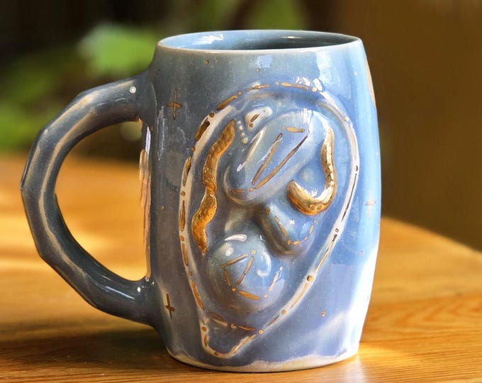 Sculptural Fetus Mug with Gold Luster -  Celestial Sky Blue