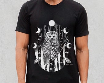 Owl & Birch T Shirt - Barred Owl T Shirt - Owl and Moons Shirt - Moon Phases Tee