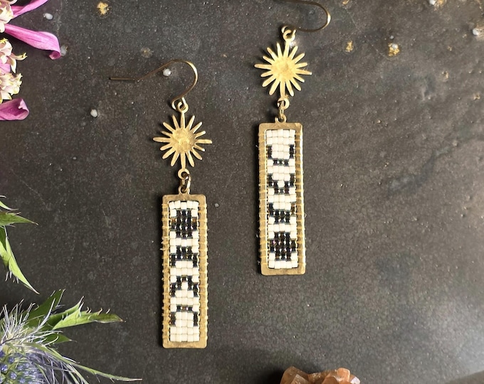 Hammered Brass Beaded Moon Phase Earring with Sun - White & Purple