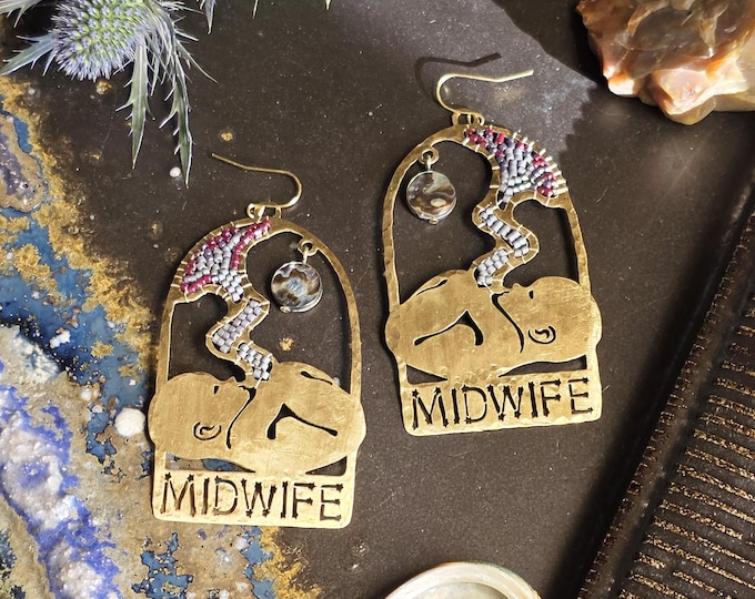 Midwife Beaded Placenta Umbilical Cord Earring with Abalone Shell Moon - Hammered Brass