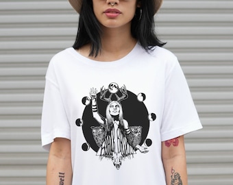 Hecate T Shirt- Hekate Shirt - Goddess with Owls & Moons - Blue Moon Witchcraft