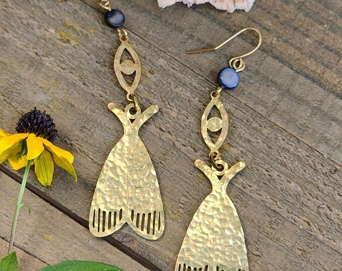 Hammered Brass Moth & Evil Eye Earrings with Shell