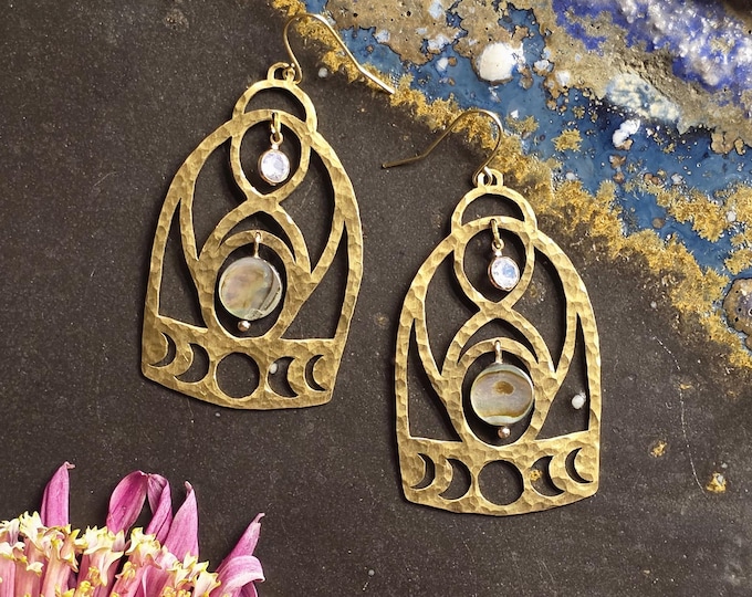 Abstract Vulva Anatomy Moon Phase Earring with Abalone Shell