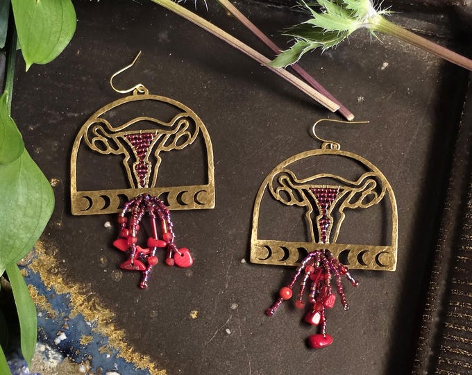 Uterus Moon Phase with Red Bead Fringe Hammered Brass Earring