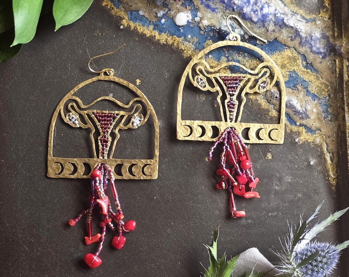 Uterus Moon Phase with Red Bead Fringe Perios Earrings