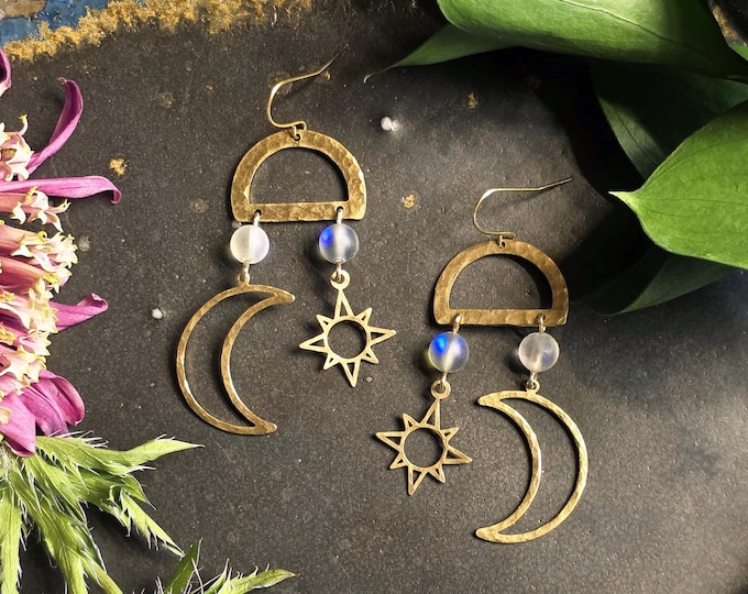 Hammered Brass Crescent Moon Earrings, Boho Dangle Earring