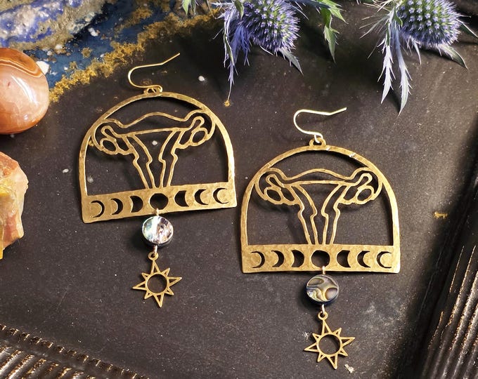 Uterus Moon Phase with Abalone Shell and Sun Hammered Brass Earring