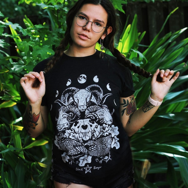 Skull Shirt - The Ram and the Oak T Shirt - Ram Bear Pheasant Oak Gothic Moon Phases Occult Wiccan Witchy Pagan Pagan Witch Dark T Shirt Tee