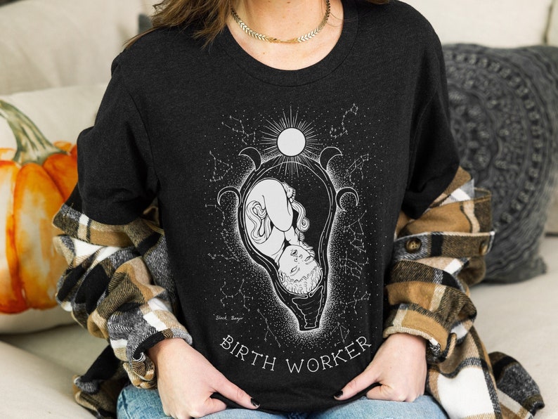 Birth Worker T Shirt Constellations & Moons Midwife Shirt Birth OBGYN T-shirt Doula Clothing Gift Black