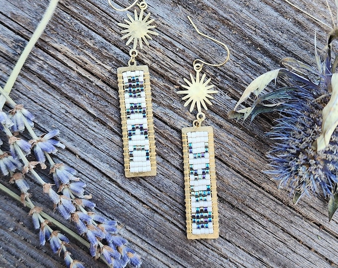 Hammered Brass Beaded Moon Phase Earring with Sun - White & Purple