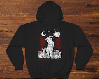 Pagan Hoodie: Sunflowers, Rabbit, Crow, Skull Back Print