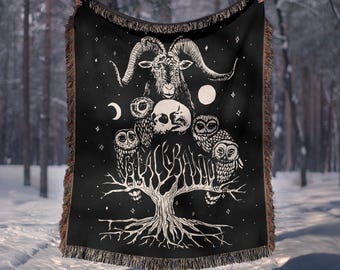 Goat Tapestry - The Horned One's Messengers - Woven Blanket - Pagan Wall Hanging - Witch Throw Blanket - Sun & Moon Art