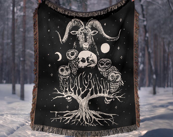 Goat Tapestry - The Horned One's Messengers - Woven Blanket - Pagan Wall Hanging - Witch Throw Blanket - Sun & Moon Art
