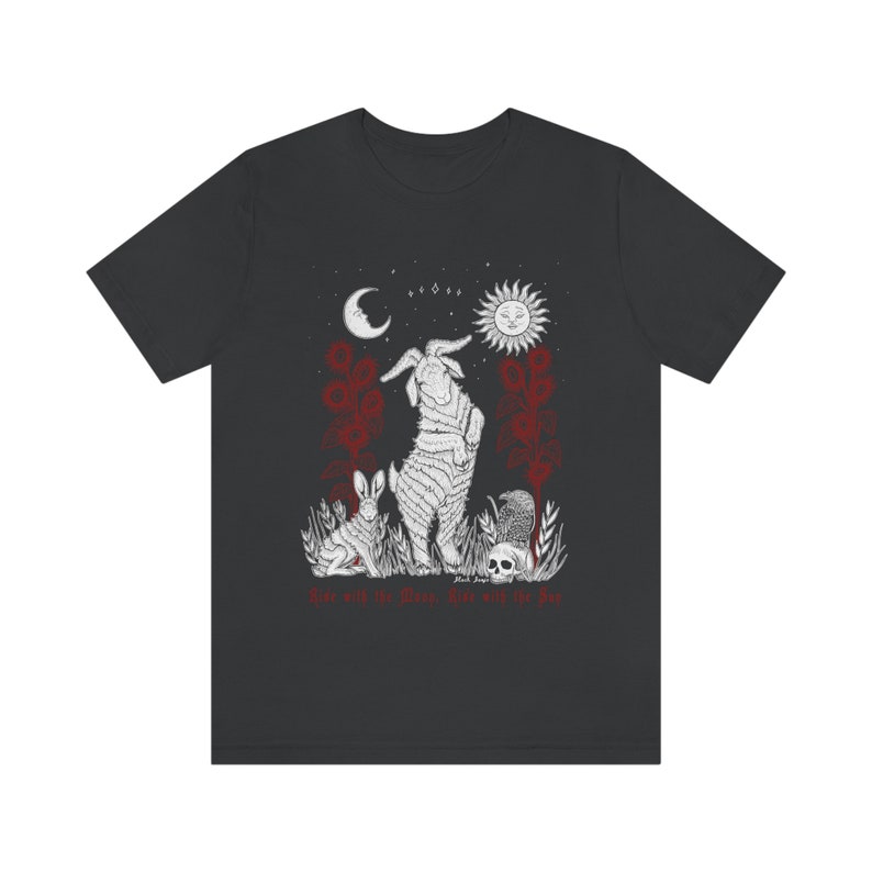 Black Phillip Pagan T-Shirt: Witchy Moon & Sun Design Dark Grey Heather