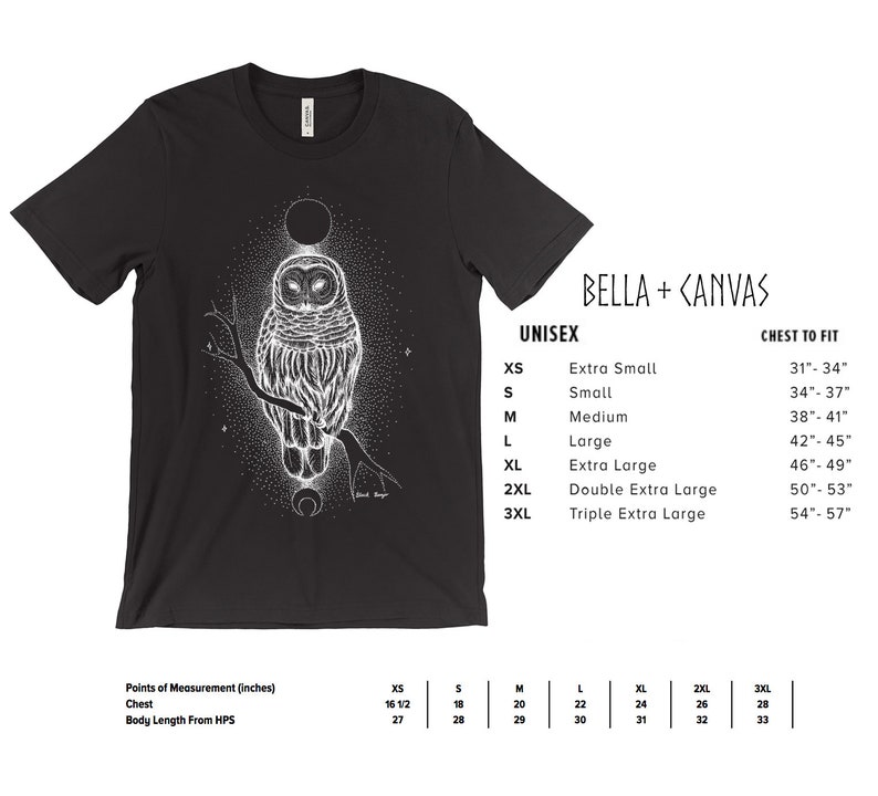 May include: Black t-shirt with a white owl and moon graphic. The shirt is available in sizes XS to 3XL. The size chart shows chest measurements in inches.