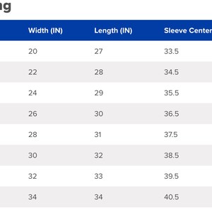 May include: Sizing chart for a garment with measurements in inches for width, length, and sleeve center back. Sizes range from S to 5XL.