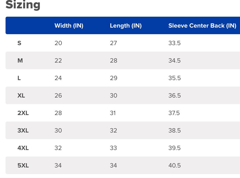 May include: Sizing chart for a garment with measurements in inches for width, length, and sleeve center back. Sizes range from S to 5XL.