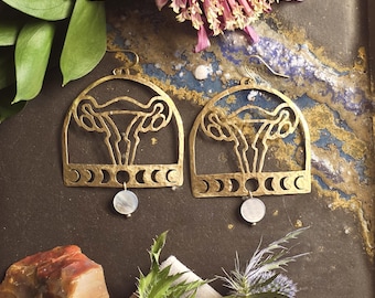 Uterus Moon Phase with Moon Hammered Brass Earring
