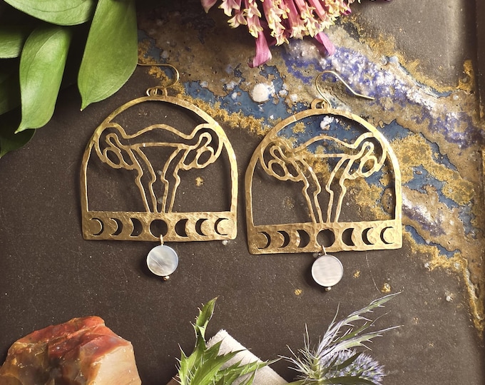 Uterus Moon Phase with Moon Hammered Brass Earring