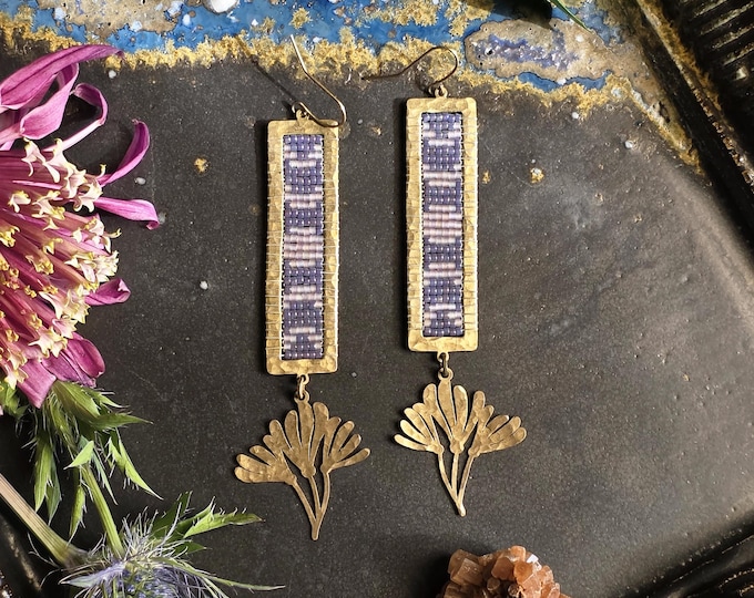 Hammered Brass Beaded Moon Phase Earring with Flower Dangle