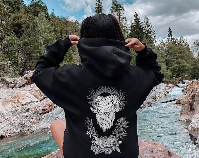 Ram, Sage & Pine | Fleece Hoodie, occult floral design