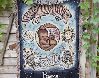 Custom Baby Blanket Tapestry - Woven Blanket - Customizable with Name - Fox and Rabbit - Nursery Decor