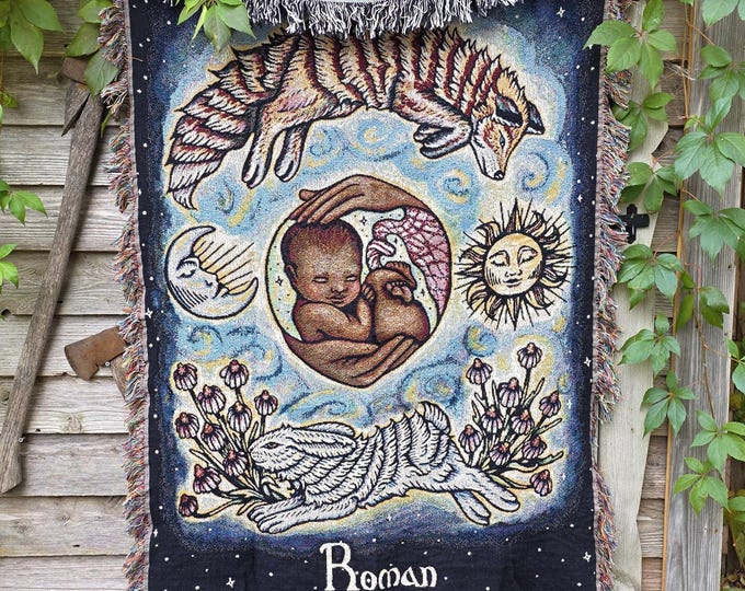 Custom Baby Blanket Tapestry - Woven Blanket - Customizable with Name - Fox and Rabbit - Nursery Decor