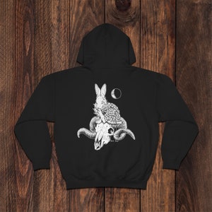 Sudadera con capucha de calavera de carnero, sudadera con capucha de conejo y carnero, estampado en la espalda, sudadera ocultista, gótica pagana, Baphomet, Sabbat, camiseta gráfica mística macabra, tarot