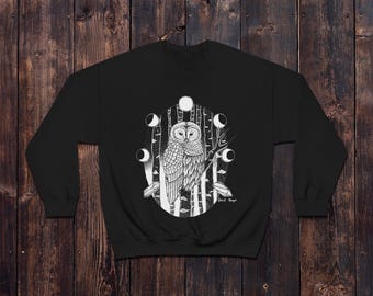 Moon Phases Owl Sweatshirt | Owl Illustration Crewneck