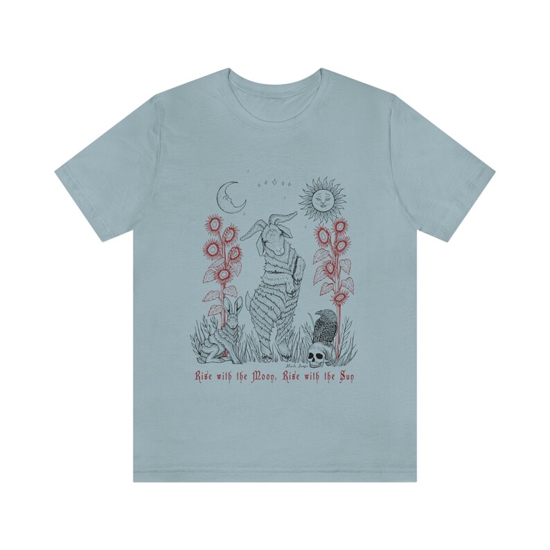 Black Phillip Pagan T-Shirt: Witchy Moon & Sun Design Light Blue
